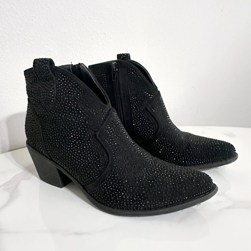 Black Rhinestone Western Style Ankle Bootie